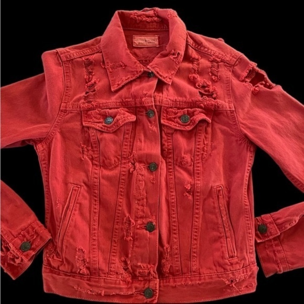 Denim & Supply Ralph Lauren Womens Maroon XS Ripped Tatter Shred Trucker Jacket